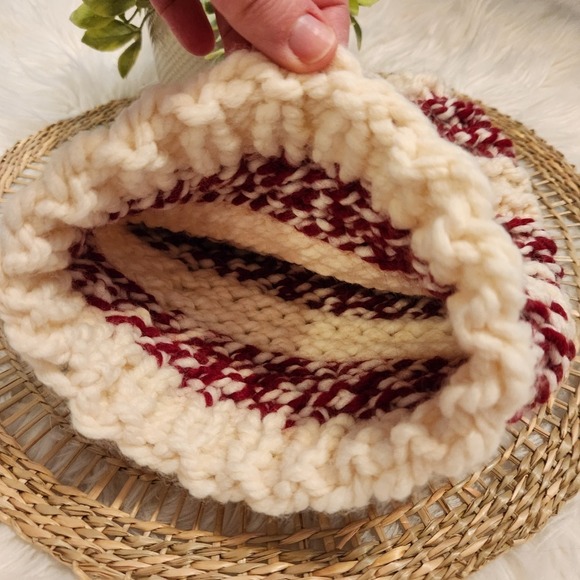 Handmade Loom Knit Red & Cream Striped Winter Stocking Hat - Picture 3 of 4
